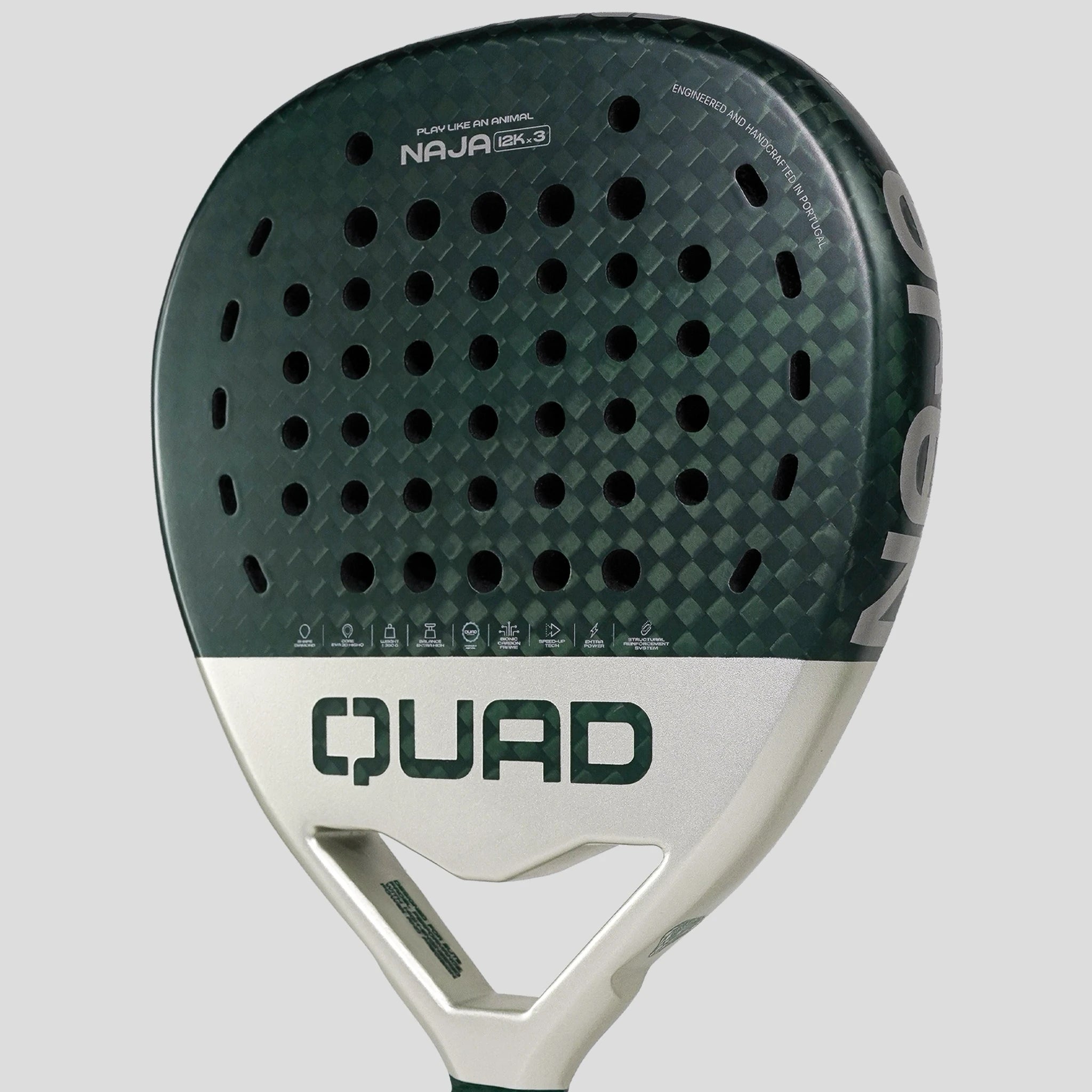 Padel racket with 'Quad' branding on a gray background